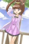  amano_nene blush breasts brown_hair cloud day digimon digimon_xros_wars dress high_ponytail jewelry necklace purple_eyes shikapu sky small_breasts smile solo split_ponytail tree 