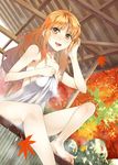  :d ahoge arm_up autumn_leaves barefoot blush covering feet holding leaf maple_leaf mizuryuu_kei nude_cover open_mouth orange_hair original red_eyes sitting smile solo toes towel water 