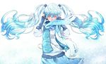  aqua_scarf bad_id bad_pixiv_id blue_hair closed_eyes floating_hair hatsune_miku headphones long_hair ruin_(ynyndj) scarf skirt snow solo twintails very_long_hair vocaloid yuki_miku 