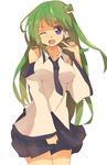  bad_id bad_pixiv_id blue_eyes blush breasts detached_sleeves frog_hair_ornament green_hair hair_ornament hair_tubes highres kochiya_sanae long_hair medium_breasts miniskirt necktie one_eye_closed open_mouth owafu purple_eyes skirt smile snake solo touhou v 