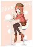  :d black_legwear blush border braid brown_eyes buratei_marii chair chomo_(asymmate) cup full_body hair_ribbon hat highres holding joshiraku legwear_under_shorts long_hair open_mouth orange_hair pantyhose ribbon shorts single_braid sitting skirt smile solo table teacup 