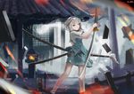  absurdres bad_id bad_pixiv_id green_eyes hair_ribbon hairband highres hitodama katana konpaku_youmu konpaku_youmu_(ghost) osama reverse_grip ribbon short_hair silver_hair skirt solo standing stone_lantern sword touhou weapon 