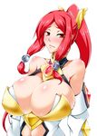  bare_shoulders blazblue blazblue:_chronophantasma breasts huge_breasts izayoi_(blazblue) kanten long_hair red_eyes red_hair simple_background solo sweat tsubaki_yayoi white_background 