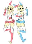  back-to-back dress elbow_gloves gen_3_pokemon gloves highres maniacpaint minun multiple_girls personification plusle pokemon short_dress short_hair sketch thighhighs yellow_skin 