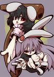  animal_ears black_hair bullet bunny_ears highres inaba_tewi kine long_hair mallet multiple_girls open_mouth purple_hair red_eyes reisen_udongein_inaba short_hair simple_background touhato touhou 