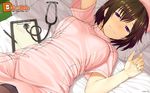  bed d_chara_mail dmm nurse purple_eyes short_hair tagme_(artist) 