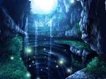  bad_pixiv_id bug cave fireflies firefly insect leaf moonlight moss nature no_humans original saki_(931533) scenery water 