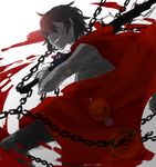  black_hair cape chain coffinkun dark_skin dark_skinned_male grin hair_over_eyes lens_flare male_focus scp-076-2 scp_foundation sharp_teeth shirtless smile solo sword teeth weapon 