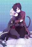  animal_ears black_hair blush boots cat_ears cat_tail closed_eyes dungeon_and_fighter earrings elemental_bomber full_body glacial_master hug jewelry ling_(sroin) male_focus male_mage_(dungeon_and_fighter) multiple_boys red_eyes skull smile tail white_hair yaoi 