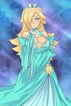  bare_shoulders blonde_hair blue_eyes breasts bridal_gauntlets cleavage cleavage_cutout crown detached_collar dress gown hair_over_one_eye huge_breasts long_hair maniacpaint mario_(series) rosetta_(mario) solo star super_mario_bros. super_mario_galaxy wide_sleeves 