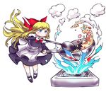  apron blonde_hair blue_eyes bow capelet chamaruku cooking dress fire flame flipping_food food fried_rice frying_pan hair_bow ladle long_hair shanghai_doll solo stove touhou wok 