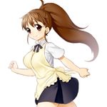  apron blush breasts brown_eyes brown_hair large_breasts long_hair looking_at_viewer onsoku_maru ponytail simple_background skirt smile solo taneshima_popura waitress white_background working!! 