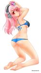  1girl absurdres barefoot bikini breasts can feet female headphones highres large_breasts long_hair looking_at_viewer nitroplus open_mouth pink_hair red_eyes simple_background soda soles solo sonico super_sonico swimsuit toes white_background 