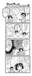  3girls 4koma ajimu_najimi alternate_costume bandage book comic fist_pump hat highres japanese_clothes koga_itami kurokami_kujira medaka_box miko monochrome multiple_girls naze_youka one_eye_covered pen scarf shock sparkle sparkles surprised tentacle translation_request 