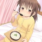  bangs bed bed_sheet bedroom blush bowl breasts brown_eyes brown_hair curtains dutch_angle eating eyebrows_visible_through_hair food holding holding_spoon indoors long_hair long_sleeves looking_at_viewer meow_(nekodenki) on_bed one_side_up original pajamas pants porridge sick sitting small_breasts solo spoon steam tray yellow_pants 