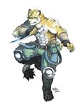  anthro beast beau beau- biceps big_muscles claws clothing fantasy feline fighting_stance front_view fur hair male mammal muscles plain_background pose solo sword tiger warrior weapon white_background 