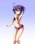  ahoge bandages barokkusu bikini blue_eyes chuunibyou_demo_koi_ga_shitai! eyepatch frilled_bikini frills gradient gradient_background one_side_up purple_hair short_hair solo swimsuit takanashi_rikka 