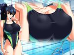  1girl bare_shoulders bishop_(company) blue_hair breasts erect_nipples game_cg green_eyes ikegami_tsubaki indoors kagami kagami_hirotaka large_breasts long_hair looking_down navel open_mouth ponytail pool solo standing swimsuit ura_kyoushi_haitoku_no_inetsu_jugyou water 