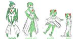  breasts character_name gallade gardevoir gen_3_pokemon gen_4_pokemon genderswap genderswap_(mtf) hair_over_one_eye highres kirlia maniacpaint medium_breasts multiple_girls personification pokemon ralts red_eyes short_hair skirt thighhighs 
