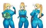  :q ass blonde_hair blue_eyes bodysuit breast_hold breasts crossed_arms curvy emoticon from_behind hand_on_hip heart highres holding large_breasts licking_lips long_hair maniacpaint metroid metroid_(creature) multiple_views ponytail samus_aran simple_background speech_bubble spoken_heart tongue tongue_out turnaround white_background zero_suit 