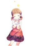  blush brown_hair closed_eyes doujima_nanako dress h2so4 hands_on_own_chest long_hair persona persona_4 simple_background smile solo striped twintails white_background 