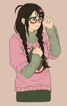  ahoge bad_id bad_pixiv_id blush book braid brown_eyes brown_hair glasses green_shirt hair_ornament hairclip holding holding_book idolmaster idolmaster_cinderella_girls long_hair nomade okuyama_saori shirt solo sweater twin_braids 