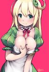  3: artist_name blonde_hair blush breasts choker cleavage collarbone dated green_eyes hair_ornament hand_on_own_chest large_breasts lena_(zoal) long_hair looking_at_viewer mascot pink_background puff_and_slash_sleeves puffy_short_sleeves puffy_sleeves sabori saboten_store short_sleeves solo 