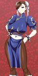  bracelet breasts brown_hair bun_cover chinese_clothes chun-li covered_nipples double_bun earrings hands_on_hips highres huge_breasts jewelry pantyhose pelvic_curtain sagging_breasts short_hair solo spiked_bracelet spikes st.germain-sal street_fighter 