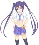  :3 abs black_hair hands_on_hips highres long_hair maki_(makidai2024) midriff necktie original purple_eyes shirt simple_background solo thighhighs torn_clothes torn_shirt twintails white_background 