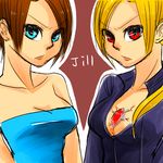  amulet blonde_hair blue_eyes bodysuit breasts brown_hair cleavage daikon_(chiue0424) dress dual_persona jill_valentine medium_breasts multiple_girls ponytail red_eyes resident_evil resident_evil_3 resident_evil_5 short_hair strapless strapless_dress 