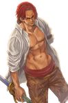  1boy abs amputee arisue_kanako facial_hair male male_focus muscle one_piece open_clothes open_shirt pirate red_hair saber_(weapon) sash scar shanks shirt simple_background solo sword weapon white_background white_shirt 