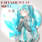  aqua_hair character_name closed_eyes dated detached_sleeves happy_birthday hatsune_miku highres long_hair microphone necktie shiki_hinako sleeves_past_wrists smile solo twintails very_long_hair vocaloid 