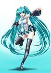  absurdres aqua_hair armpits blue_eyes boots detached_sleeves hatsune_miku headset highres kuroi_ekaki long_hair necktie open_mouth outstretched_arms panties pantyshot skirt solo spread_arms standing standing_on_one_leg thigh_boots thighhighs twintails underwear very_long_hair vocaloid 