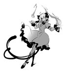  animal_ears bad_id bad_pixiv_id banned_artist bow cat_ears cat_tail chikage_(kinokodou) dress fang greyscale hair_bow juliet_sleeves kaenbyou_rin long_sleeves monochrome multiple_tails open_mouth puffy_sleeves skull slit_pupils smile solo tail touhou 