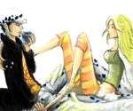  1boy 1girl blonde_hair harpy hat heart heart_(organ) jolly_roger monet_(one_piece) monster_girl one_piece pants pirate punk_hazard sideburns striped striped_legwear striped_pants trafalgar_law wings 