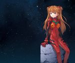  arm_support bad_id bad_pixiv_id bangs blue_eyes bodysuit bracer breasts brown_hair closed_mouth damaged evangelion:_3.0_you_can_(not)_redo gloves headgear light_smile long_hair looking_to_the_side moai_(aoh) neon_genesis_evangelion night night_sky number outdoors pilot_suit plugsuit rebuild_of_evangelion red_bodysuit shikinami_asuka_langley shiny shiny_clothes sitting sky small_breasts smile solo souryuu_asuka_langley star_(sky) starry_sky tape turtleneck 