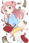  :q bag blush brown_eyes child hair_bobbles hair_ornament handbag highres kindergarten_bag kindergarten_uniform long_hair looking_at_viewer loose_socks mikane_sebiri money muku_(muku-coffee) original outstretched_hand pink_hair shoes skirt smile socks solo tongue tongue_out two_side_up white_background 