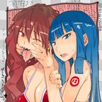  bikini blue_eyes blue_hair breasts brown_eyes brown_hair drooling finger_in_mouth large_breasts matsuri_(teriyaki) mouth_pull multiple_girls open_mouth original sharp_teeth swimsuit teeth teriyaki tongue zura_(teriyaki) 