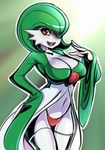  breasts cleavage gardevoir gen_3_pokemon green_hair hair_over_one_eye hand_on_hip highleg highleg_panties highres large_breasts maniacpaint pale_skin panties personification pokemon red_eyes red_panties short_hair smile solo thighhighs underwear white_legwear 