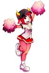  animal_ears baseball_cap baseball_jersey buffalo_bell cheerleader cow_ears full_body hat highres horns maniacpaint mascot nippon_professional_baseball open_mouth orix_buffaloes pleated_skirt pom_poms red_eyes red_hair short_hair skirt solo standing standing_on_one_leg 