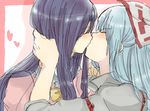  bad_id bad_pixiv_id black_hair blue_hair border closed_eyes clothes_grab couple fujiwara_no_mokou hair_grab heart houraisan_kaguya kazachiha kiss long_hair multiple_girls oekaki touhou yuri 