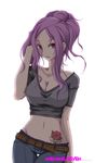  adjusting_hair anemone_(eureka_seven) artist_request belt breasts cleavage curvy denim eureka_seven eureka_seven_(series) flower groin jeans lace lace-trimmed_panties large_breasts light_smile midriff older panties pants pink_hair ponytail purple_eyes purple_hair simple_background solo tattoo underwear 