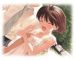  :d ^_^ antenna_hair arm_holding bag blush closed_eyes idolmaster idolmaster_(classic) idolmaster_1 kikuchi_makoto nekopuchi open_mouth short_hair smile solo_focus 