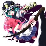  benerokku blush carrying fang green_eyes green_hair hat multiple_girls onozuka_komachi pointing red_eyes red_hair ribbon rod_of_remorse scythe shiki_eiki short_hair touhou 