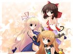  adapted_costume animal_ears back blonde_hair bow breasts brown_hair cat_ears chain collar detached_sleeves elbow_gloves gloves hair_bow hair_tubes hakurei_reimu hat horns ibuki_suika kemonomimi_mode kiki_(koikuchikinako) leaf long_hair looking_at_viewer maple_leaf medium_breasts multiple_girls naked_tabard ribbon short_hair sideboob tabard tongue tongue_out touhou very_long_hair yakumo_yukari yellow_eyes 