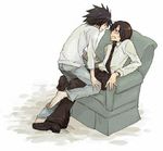 barefoot black_hair brown_hair chair death_note formal l l_(death_note) lowres matsuda matsuda_touta necktie open_mouth sitting straddle straddling suit sweat 