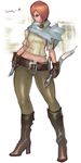  belt boots crop_top devil_may_cry devil_may_cry_2 dual_wielding hair_over_one_eye high_heels holding lucia_(devil_may_cry) meme50 midriff orange_hair pants red_eyes scarf shoes short_hair skin_tight solo sword weapon 