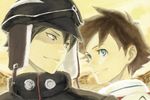  artist_request black_hair blue_eyes brown_hair dominic_sorel eureka_seven eureka_seven_(series) hat male_focus military military_uniform multiple_boys peaked_cap renton_thurston smile uniform 