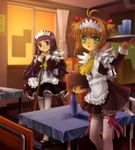  apron blush broom brown_hair cardcaptor_sakura daidouji_tomoyo dress frills garters glass green_eyes hair_ribbon kinomoto_sakura long_hair maid menu multiple_girls mutsuki_(moonknives) purple_eyes purple_hair ribbon smile thighhighs tray waitress zettai_ryouiki 