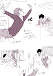  artist_request bags_under_eyes comic death_note falling greyscale jumping l_(death_note) monochrome moon multiple_boys parody partially_translated rooftop translation_request yagami_light 